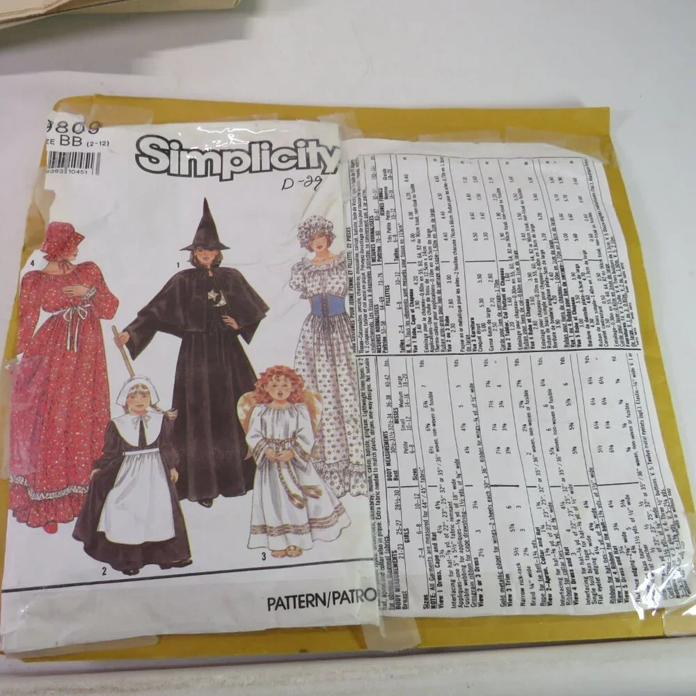 Simplicity 9809 sewing pattern Kid 2-8 Prairie, Witch, Pilgrim, Angel